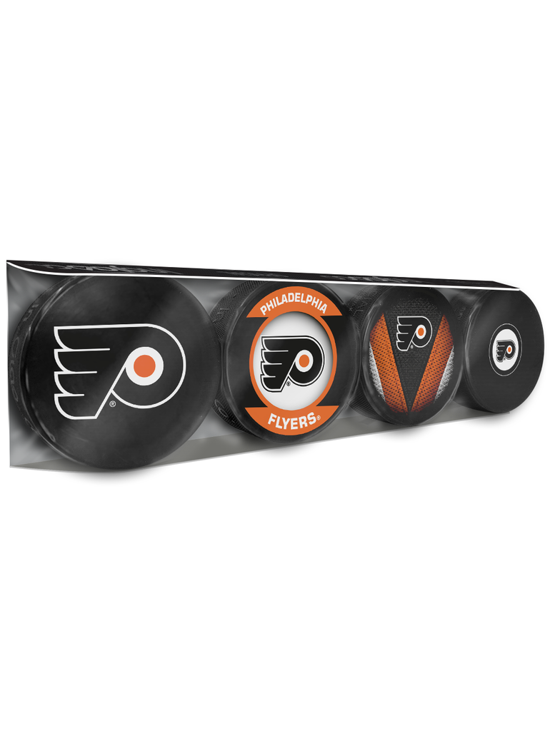 <transcy>Paquet de 4 rondelles de hockey souvenir des Flyers de Philadelphie de la LNH</transcy>