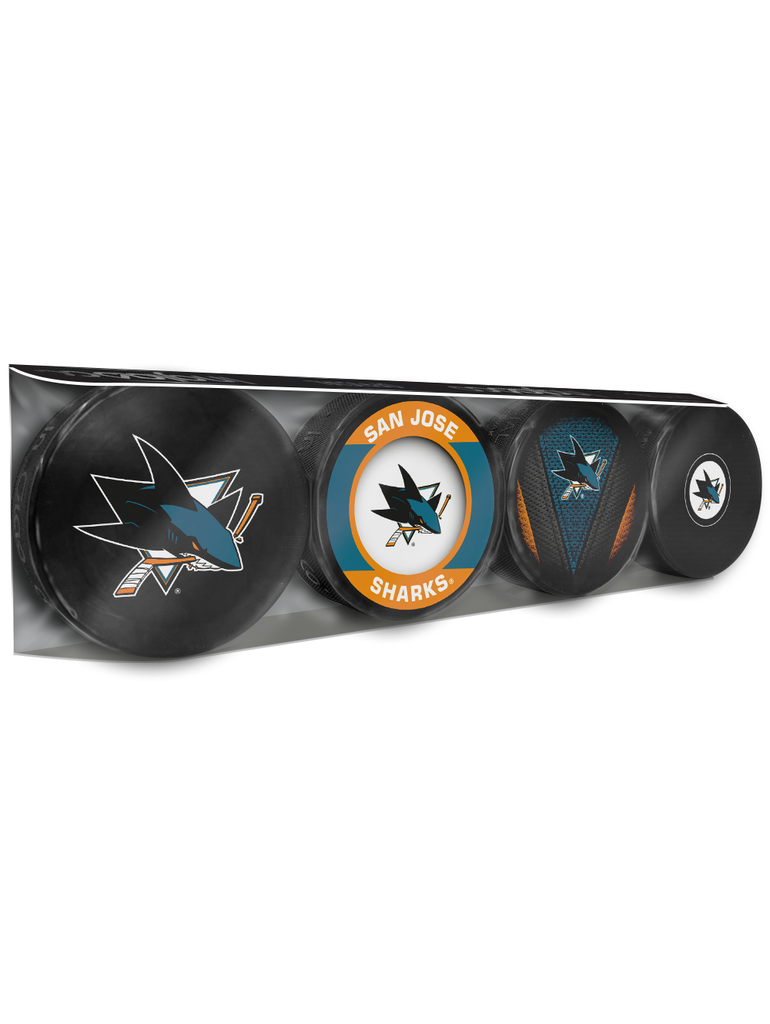 <transcy>Paquet de 4 rondelles de hockey souvenir des Sharks de San Jose de la LNH</transcy>