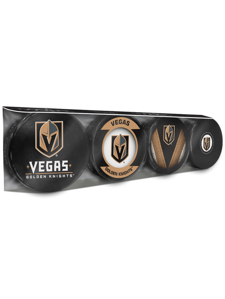 <transcy>Paquet de 4 rondelles de hockey souvenir des Golden Knights de Vegas de la LNH</transcy>