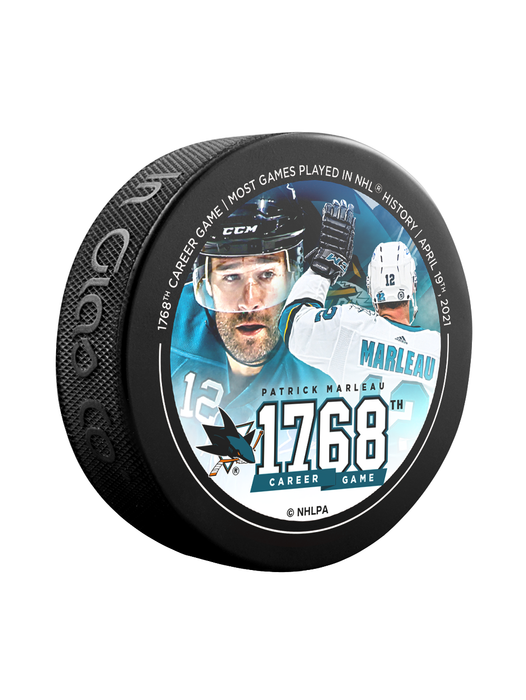 NHLPA Patrick Marleau #12 San Jose Sharks 1768 Games Played Most In The NHL Souvenir Hockey Puck In Cube