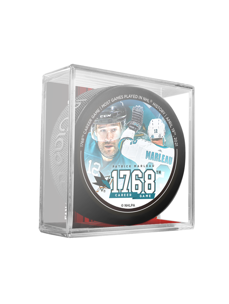 <transcy>NHLPA Patrick Marleau #12 San Jose Sharks 1768 matchs joués le plus dans la rondelle de hockey souvenir de la LNH en cube</transcy>