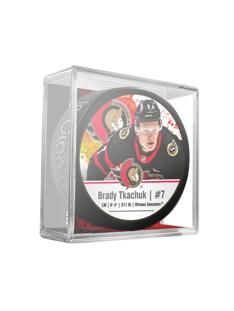 <transcy>AJLNH Brady Tkachuk #7 Rondelle de hockey souvenir des Sénateurs d'Ottawa dans un cube</transcy>