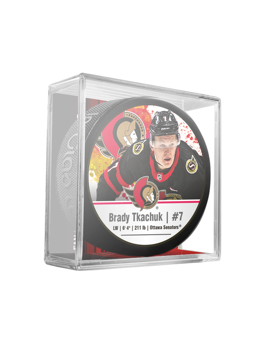 NHLPA Brady Tkachuk #7 Ottawa Senators Souvenir Hockey Puck In Cube