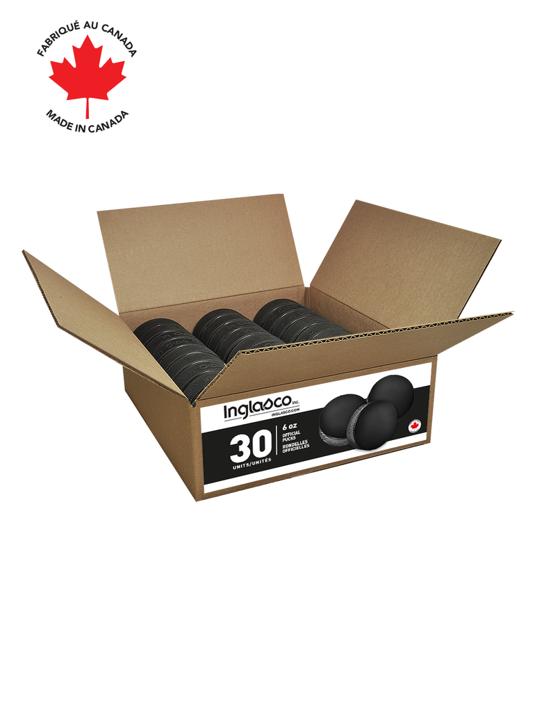 <transcy>Boîte de 30 rondelles de hockey Canadian Pro 6oz officielles</transcy>