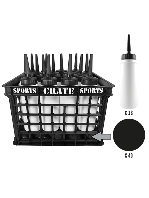 Coach Crate With Straw Pull-Top Bottles: Includes 1 Black Sports Crate With 40 Black Slovakian 6oz Hockey Pucks And 16 White 1L Tallboy Bottles