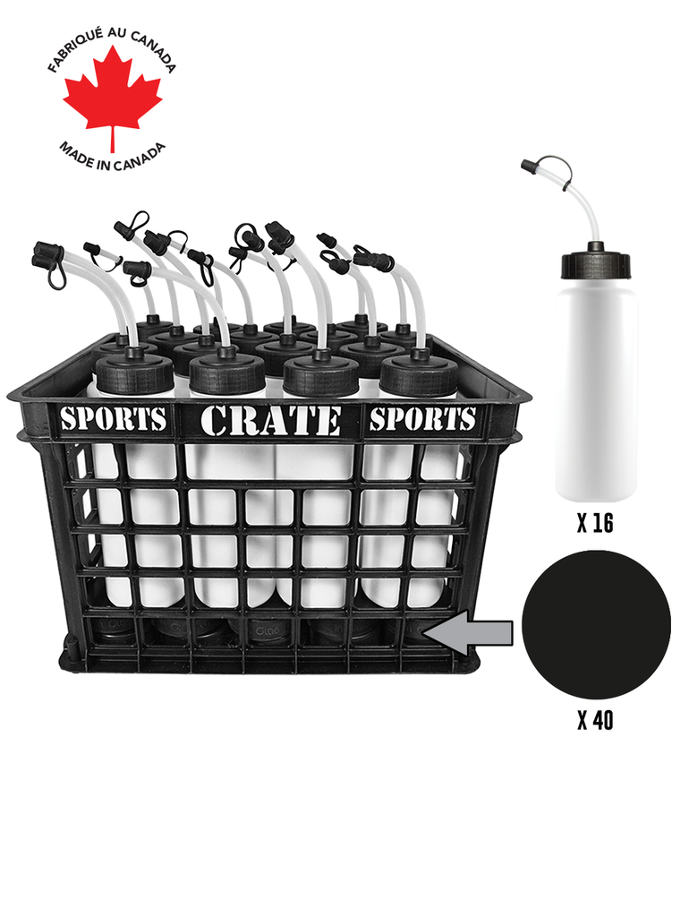 Coach Crate With Noodle Straw-Top Bottles: Shop Canadian! Includes 1 Black Sports Crate With 40 Black Canadian Pro 6oz Hockey Pucks And 16 White 1L Tallboy Bottles