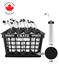 Coach Crate With Noodle Straw-Top Bottles: Shop Canadian! Includes 1 Black Sports Crate With 40 Black Canadian Pro 6oz Hockey Pucks And 16 White 1L Tallboy Bottles