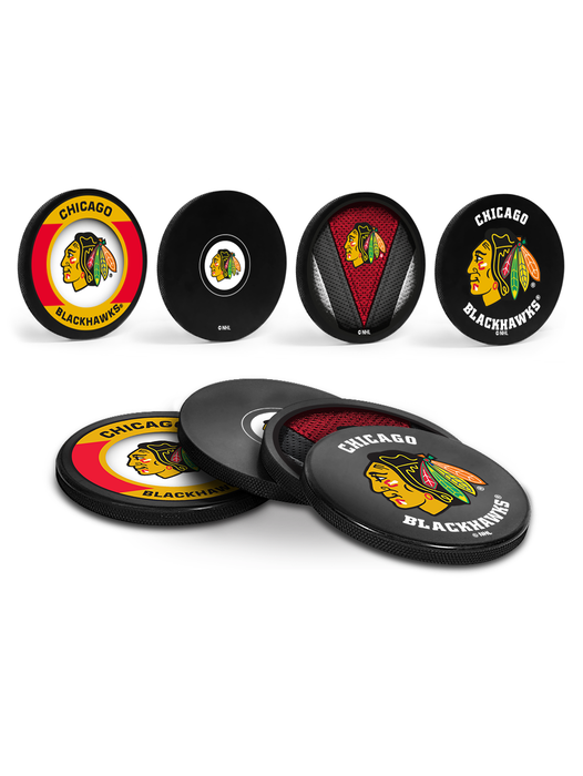 <transcy>Sous-verres à boisson rondelle de hockey des Blackhawks de Chicago de la LNH (paquet de 4) en cube</transcy>