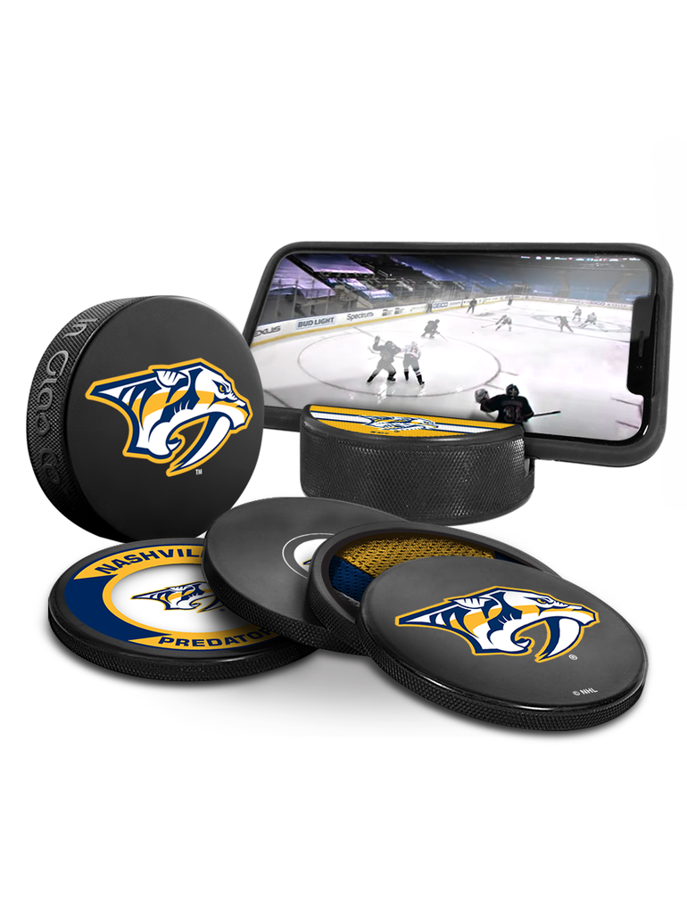 NHL Nashville Predators Ultimate Fan 3-Pack. Includes: 1 NHL Official Classic Souvenir Hockey Puck / 4 Coasters / 1 Media Device Holder