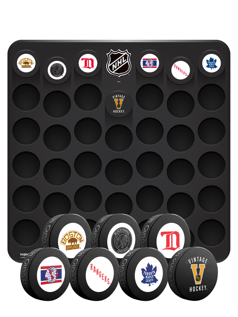 Hockey Puck Presentation Wall Plaque. Proudly Display Your Puck Collection.  Includes one NHL Vintage Shield and the NHL Original Six Vintage Souvenir
